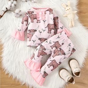 Girl Pant Set with Highland Cows, Flare Style